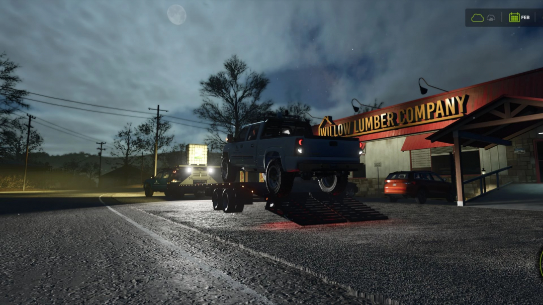 Gooseneck trailer with a truck at Willow Lumber Company in FS25 mod scene at night. FS25 mods enrich gameplay.