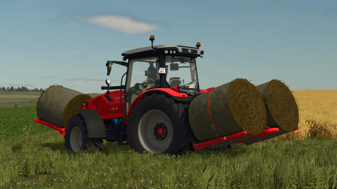 FS25 mods Gorenc Transfer Pack v1.0.0.0 features a tractor carrying hay bales in a field.