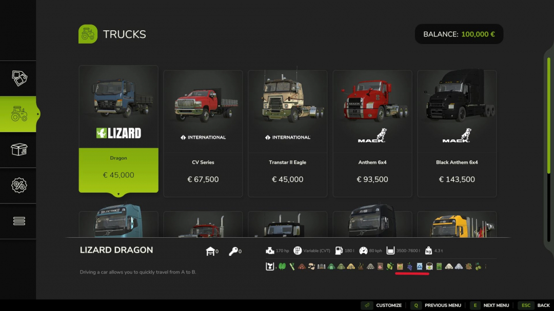 FS25 trucks selection screen showing various models like Lizard Dragon priced at €45,000. Farming Simulator 25 mods interface.