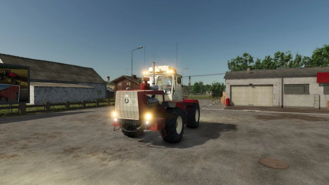 HTZ T 150K V8 tractor mod in Farming Simulator 25, parked near farm buildings.