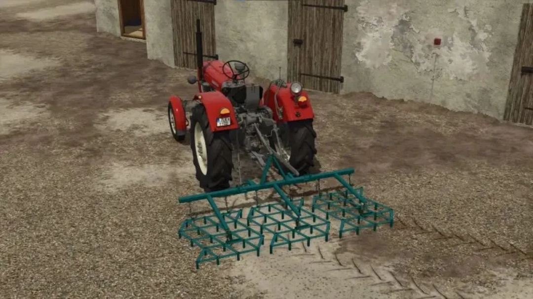 FS25 Harrow Herse Fermstal 3 v1.0.0.0 mod with tractor parked on dirt farmyard.