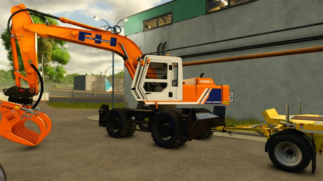 Hitachi FH200W.3 v1.0.0.0 mod for FS25, showcasing an orange excavator on pavement with industrial background.