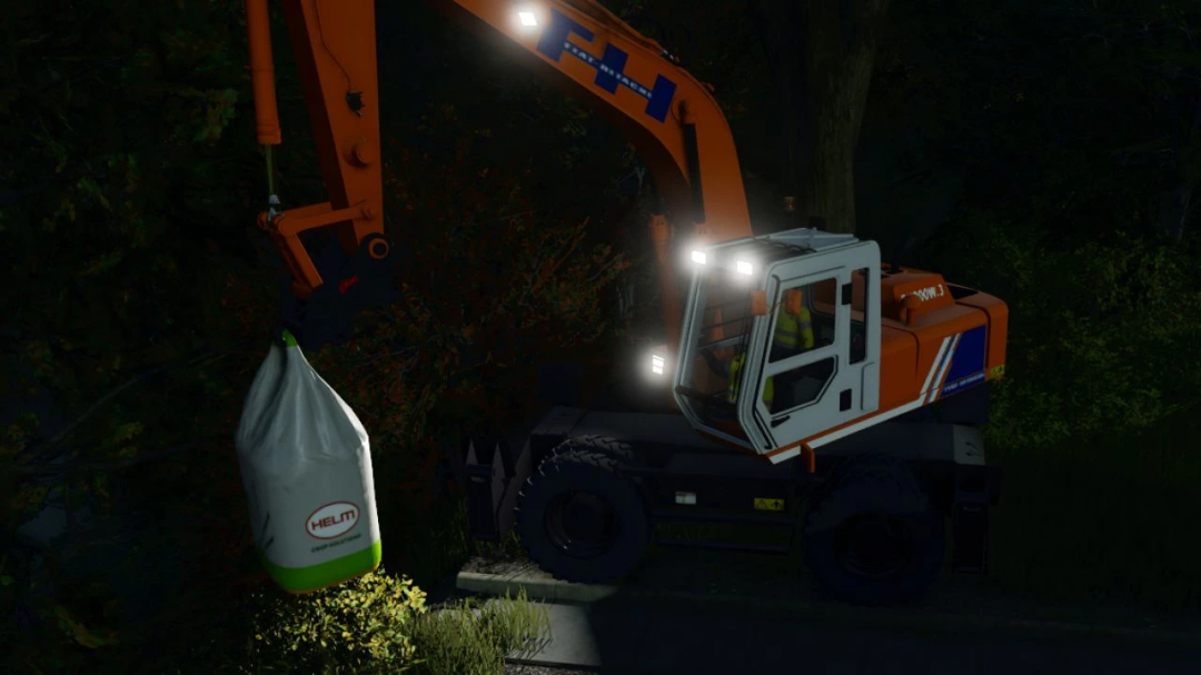 FS25 mod: Hitachi FH200W.3 excavator lifting a heavy bag at night in Farming Simulator 25.