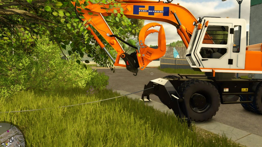 FS25 mod Hitachi FH200W.3 v1.0.0.0 with an orange excavator arm extends towards tree, in the game Farming Simulator 25.