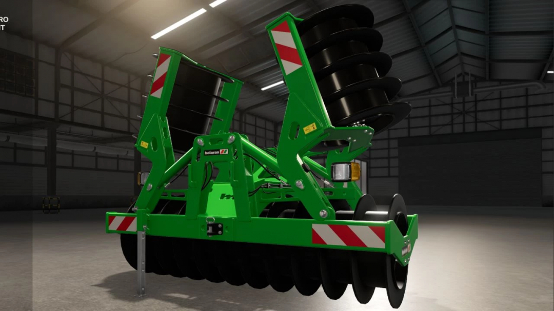 Holaras Stego 485 Pro Edit mod for FS25 showcasing green agricultural equipment in a warehouse.