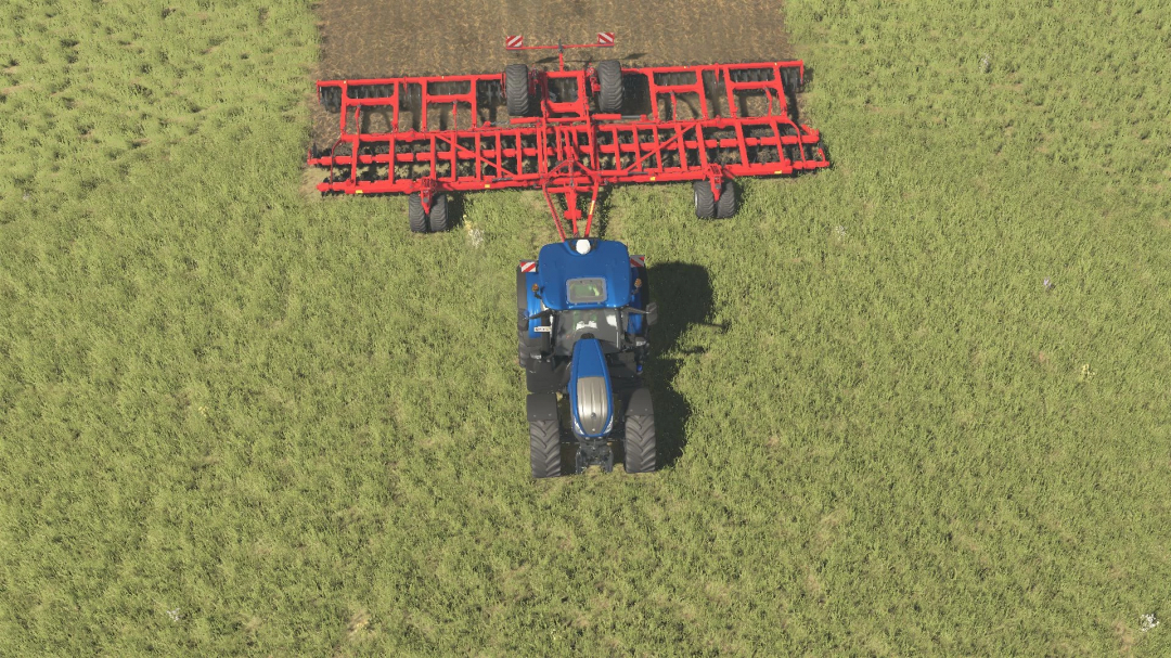 FS25 mod: Horsch Joker 12 RT v1.0.0.0, a red cultivator attached to a blue tractor on a field.