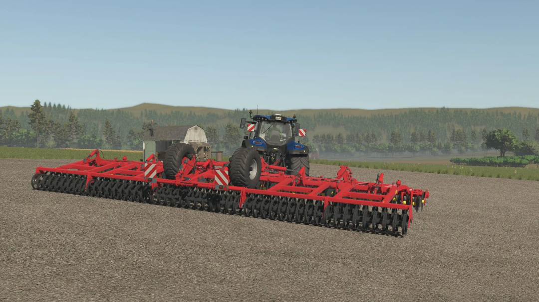 FS25 mod Horsch Joker 12 RT v1.0.0.0 in a field with a tractor, showcasing its red cultivation equipment against a rural backdrop.