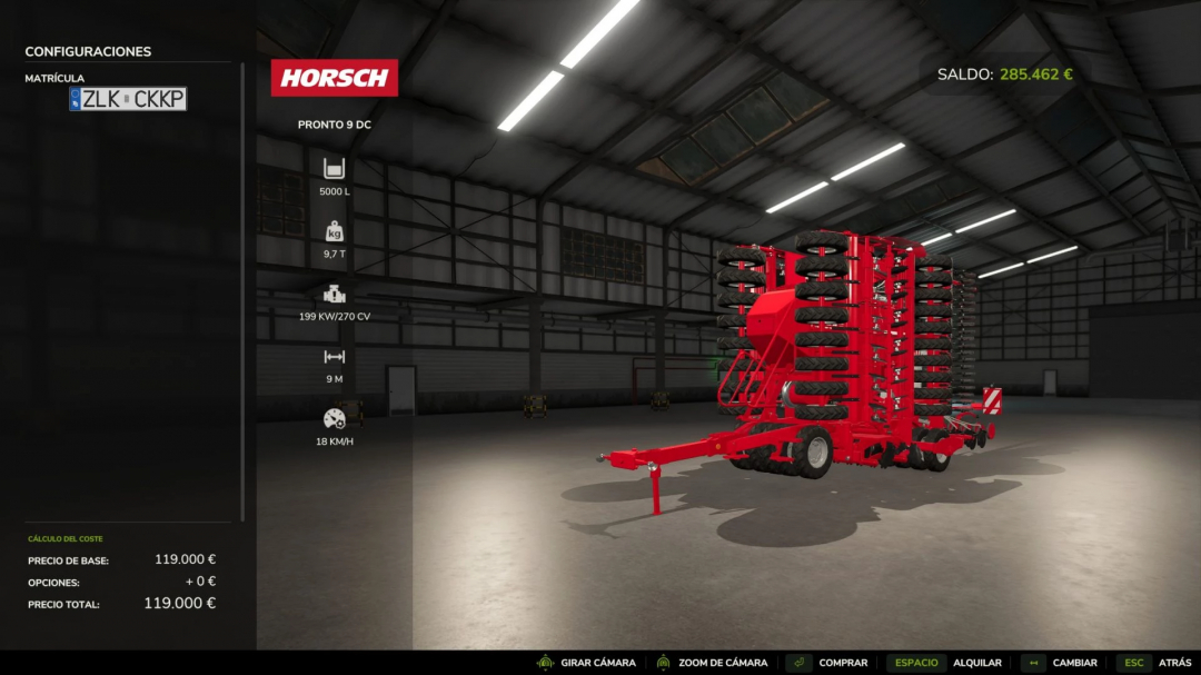 FS25 mod Horsch Pronto 9 DC displayed in a virtual garage with specifications like capacity and speed visible.