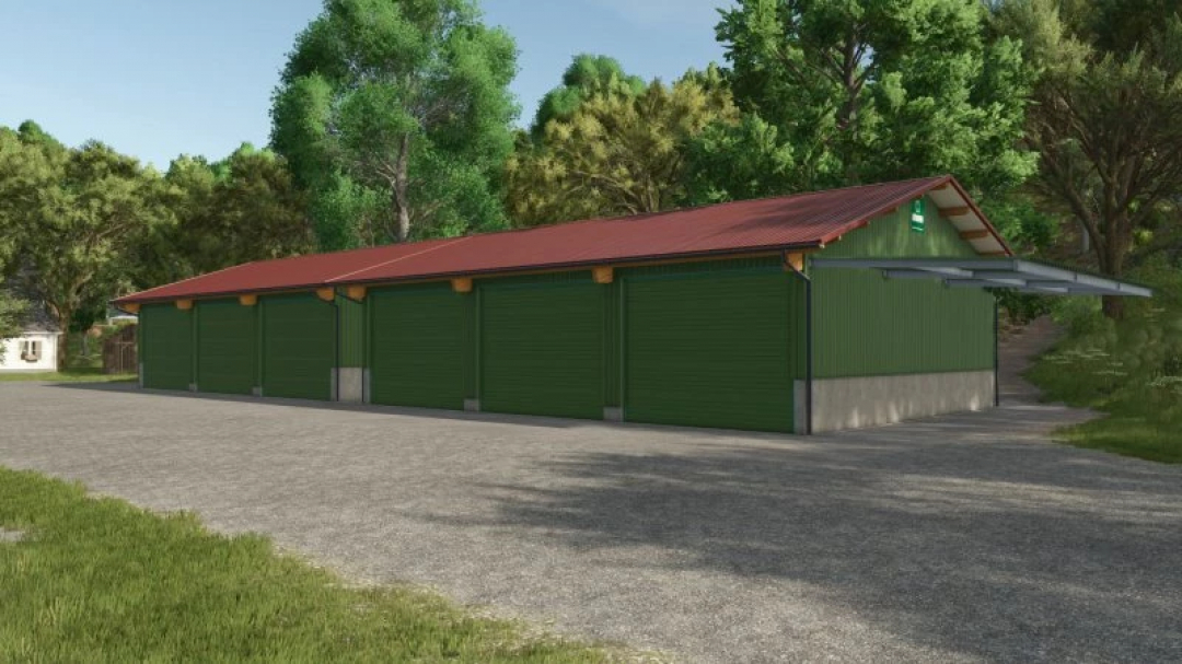 FS25 mod Hörmann garage with roof extension in a forest setting.