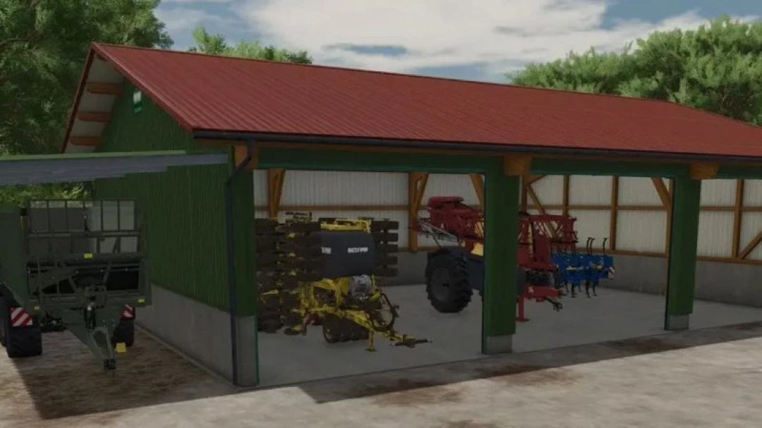 FS25 mod displaying Hörmann garage with roof extension, holding farm equipment. Farming Simulator 25 mods featured.