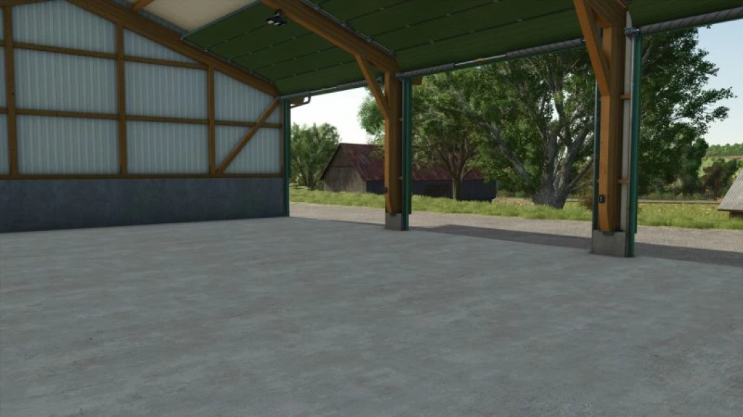 FS25 mod Hörmann garage with roof extension, showcasing an empty shed interior with open doors and rural background.