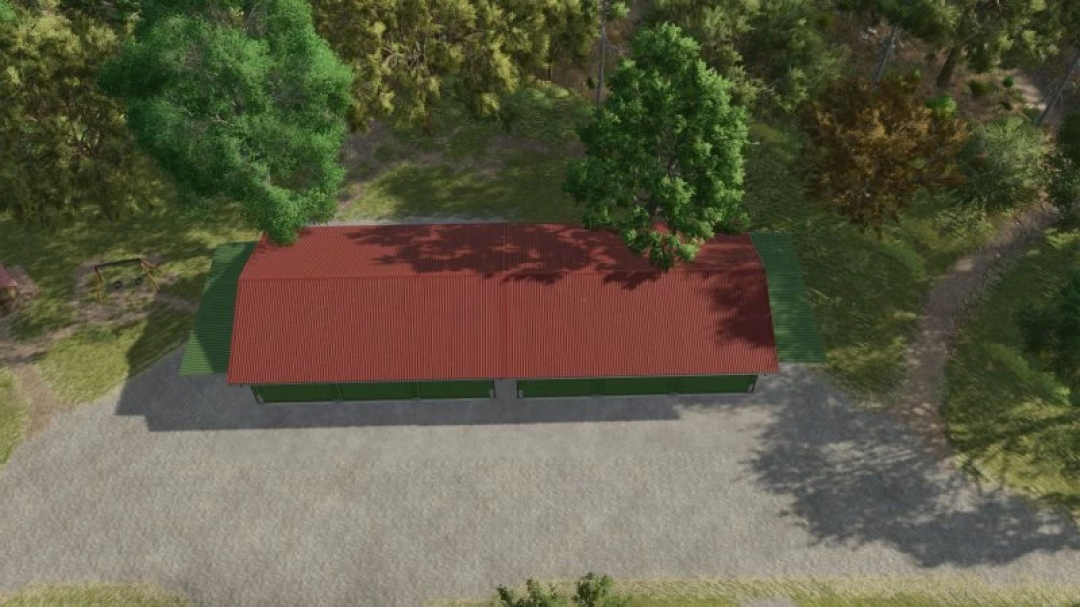 Top view of Hörmann garage with a red roof extension in FS25 mod.