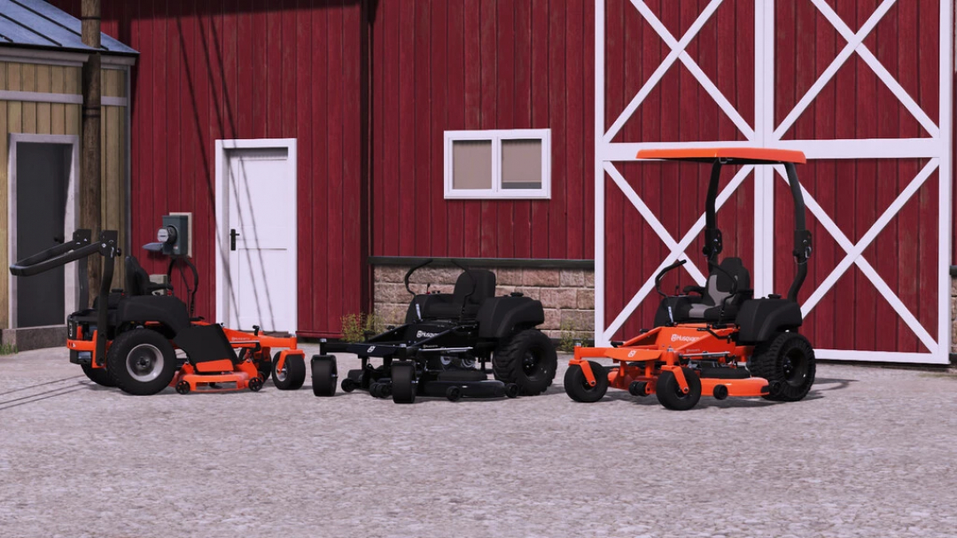 FS22 Husqvarna MZ54 lawn mowers mod in front of a red barn.