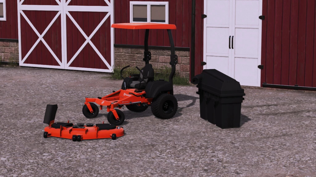 Husqvarna MZ54 mod for FS22 featuring mower and attachments, set in front of a barn.