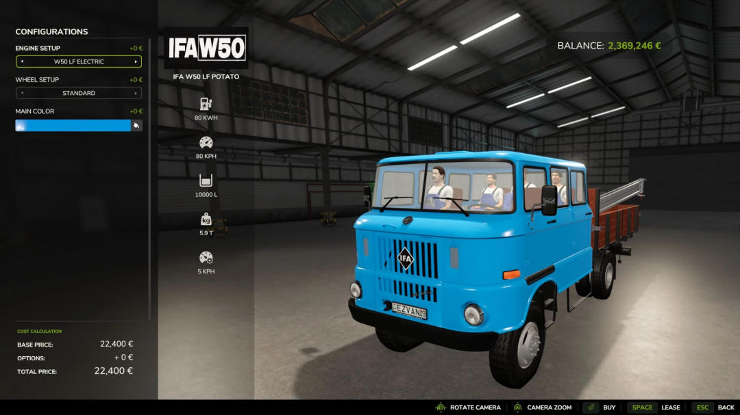 Blue Ifa Double Cabin Brigade Multifruit truck in FS25 mod shop, showcasing configurations and specs.