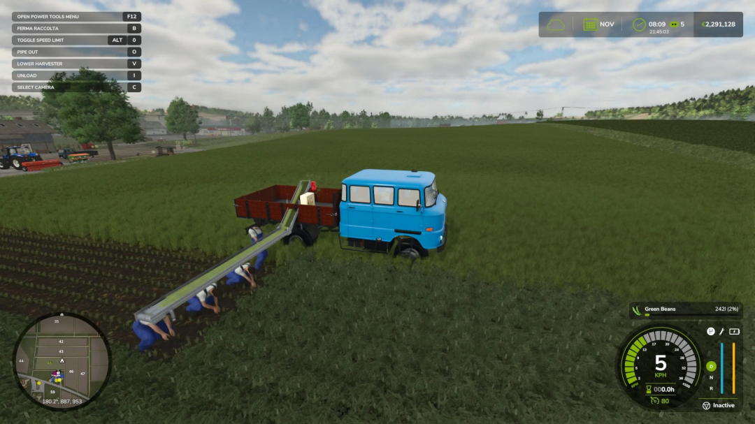 Blue Ifa Double Cabin Brigade Multifruit truck in FS25 mod harvesting green beans in a field.