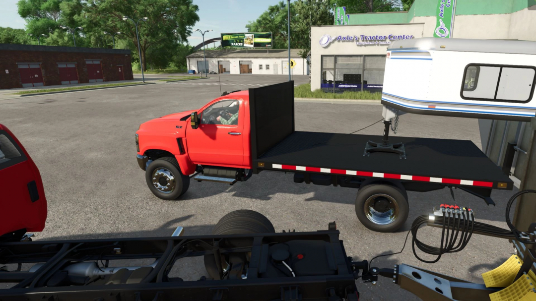 FS25 mod showing International CV Series Chassis v1.0.0.3 with a red truck at Axle's Tractor Center.