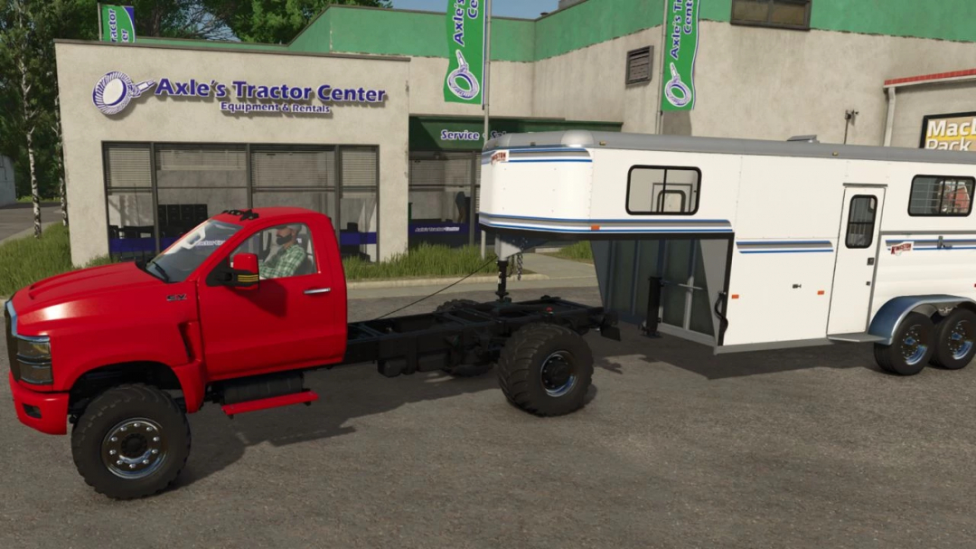 FS25 mod featuring International CV Series Chassis with trailer at Axle's Tractor Center.