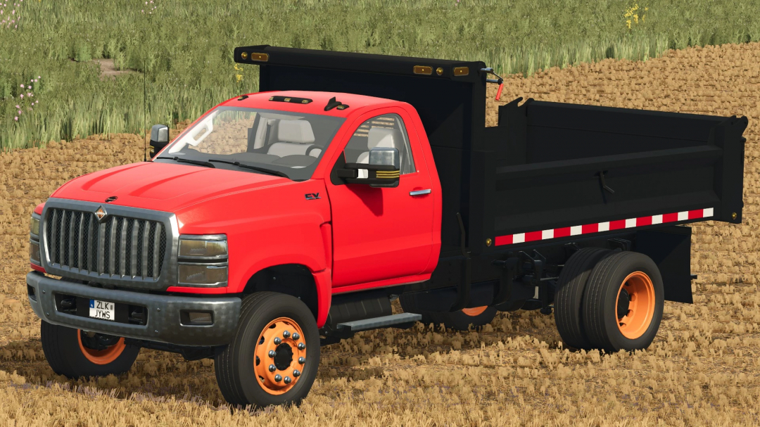 International CV Series truck in FS25 mods, vibrant red color, in a field setting.