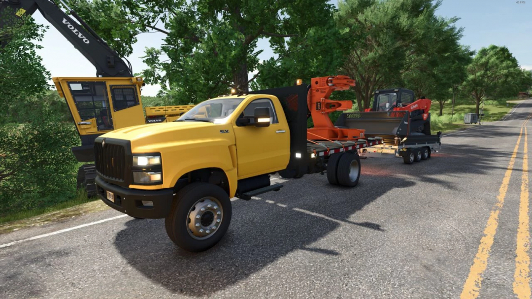 FS25 mod International CV Series v2.0.0.0 showing yellow truck towing equipment on scenic road.