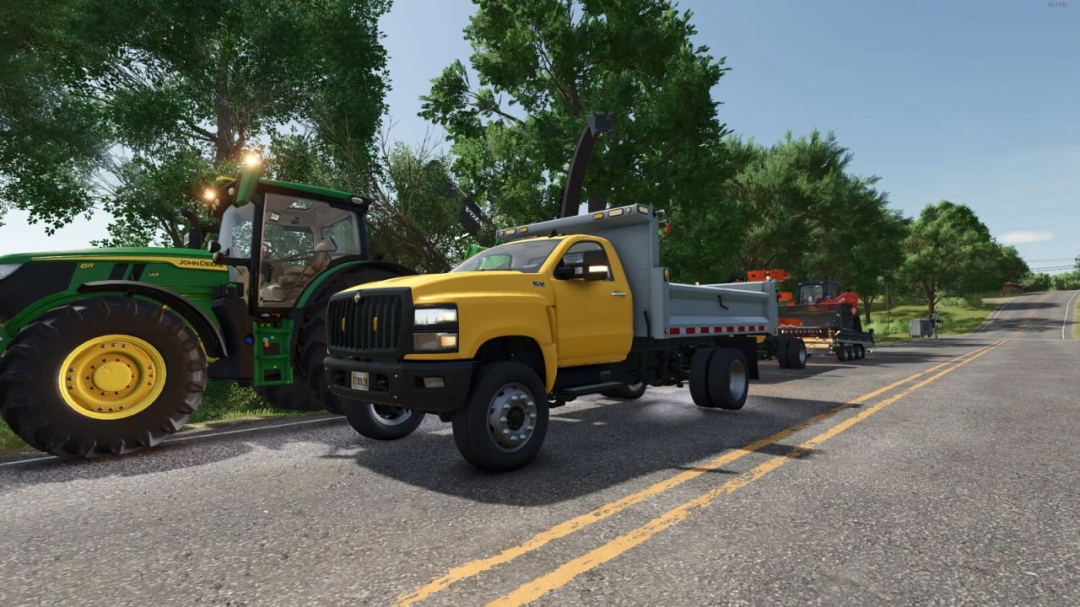 Yellow International CV Series truck and John Deere tractor in FS25 mod, v2.0.0.0. Farming Simulator 25 vehicles on a road.