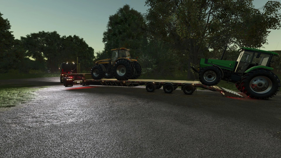 FS25 mod: International Transtar II Eagle v2.0.0.0 transporting tractors on a trailer at dusk in Farming Simulator 25.