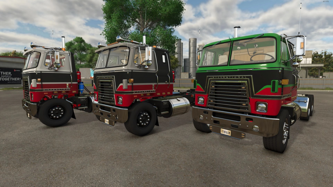 FS25 mods: Three International Transtar II Eagle trucks in Farming Simulator 25 game.