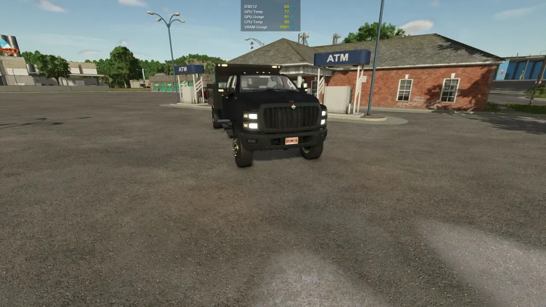 International cvSeries PBSMods Edition v1.0.0.0 mod for FS25, showing a black truck near an ATM.