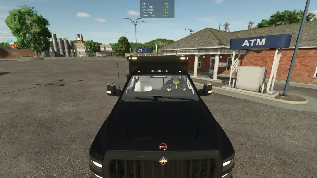 FS25 International cvSeries PBSMods Edition mod shows a black truck in front of a bank with an ATM, enhancing Farming Simulator 25 gameplay.