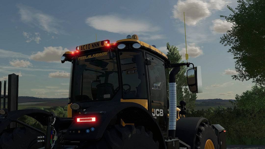 JCB Fastrac mod for FS22 with customized design parked in a rural landscape.