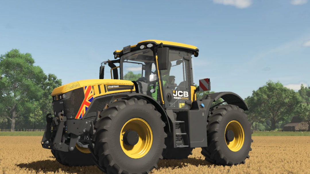 JCB iCON Pack tractor in FS25 mod, showcasing a Fastrac model in a field scene.