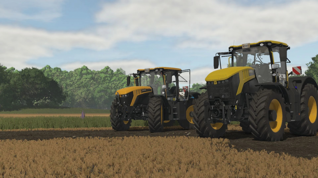 Two JCB tractors in a field, featured in Farming Simulator 25 JCB iCON Pack mod.