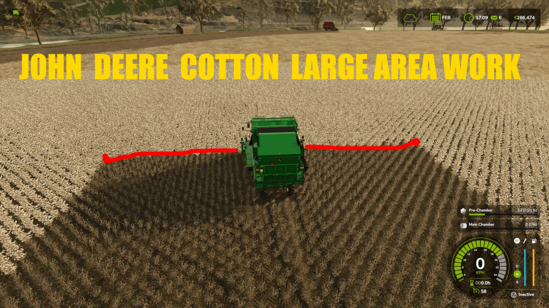 FS25 mod JOHN DEERE COTTON LARGE AREA WORK showcasing cotton harvesting with a green harvester.