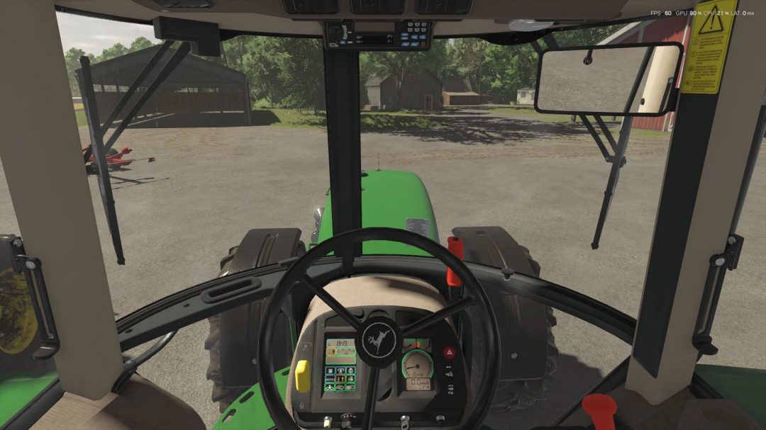 Interior view of a John Deere 4755 Turbo tractor mod in FS25, showing steering wheel and dashboard. Farming Simulator 25 mods.