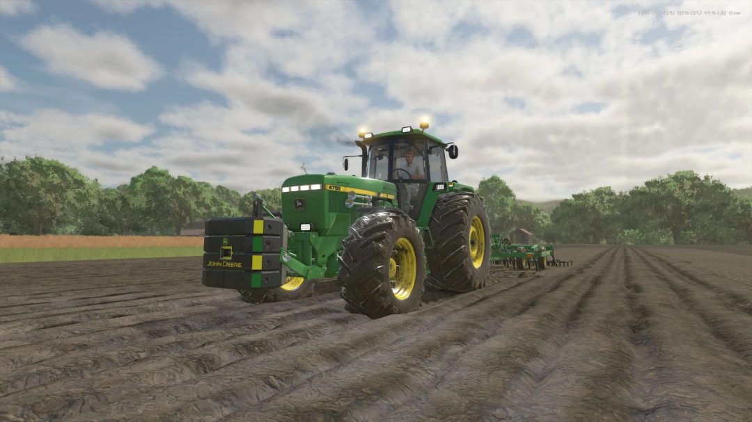 John Deere 4755 Turbo Edit tractor plowing field in FS25 mod.