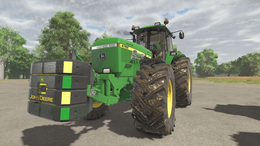 FS25 mod: John Deere 4755 Turbo Edit with weight against scenic backdrop.