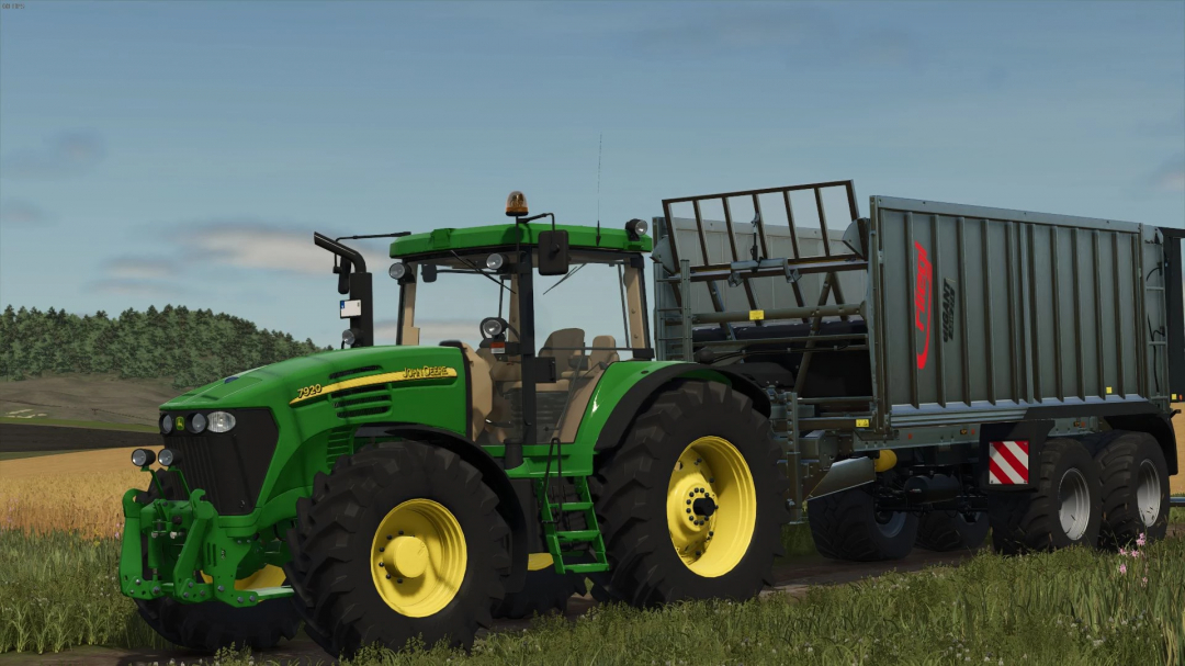 FS25 mod John Deere 7020 Beta v1.0.0.0 tractor pulling a trailer in a field.