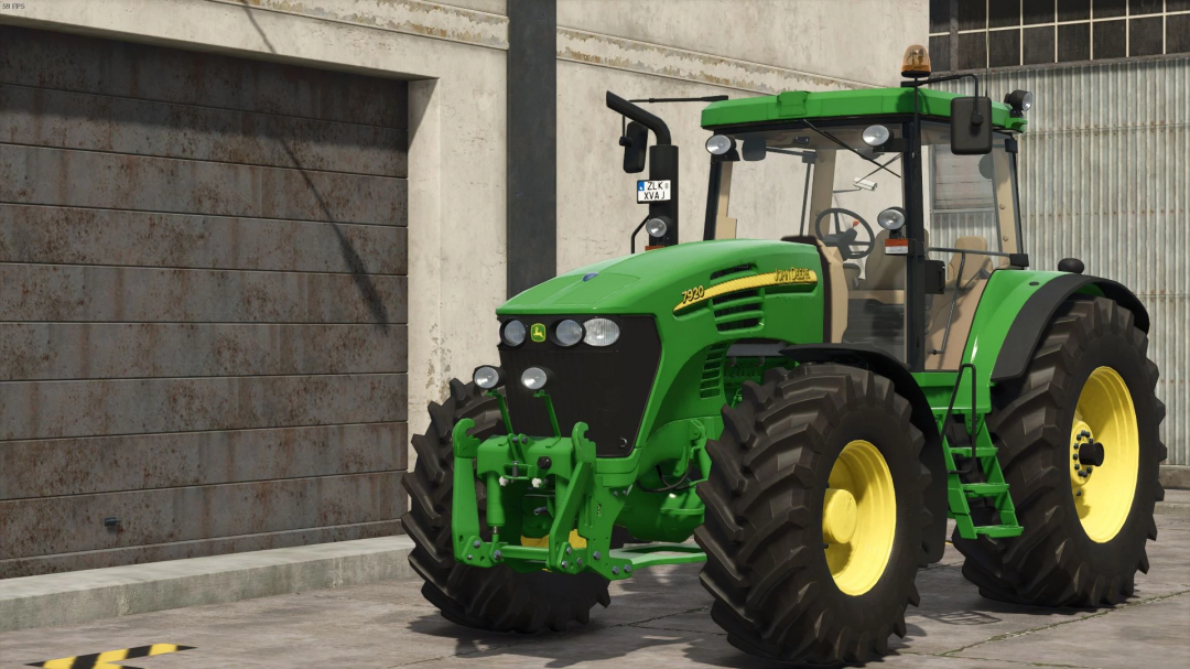 John Deere 7020 tractor mod for FS25 parked in a garage, showcasing detailed design and textures.