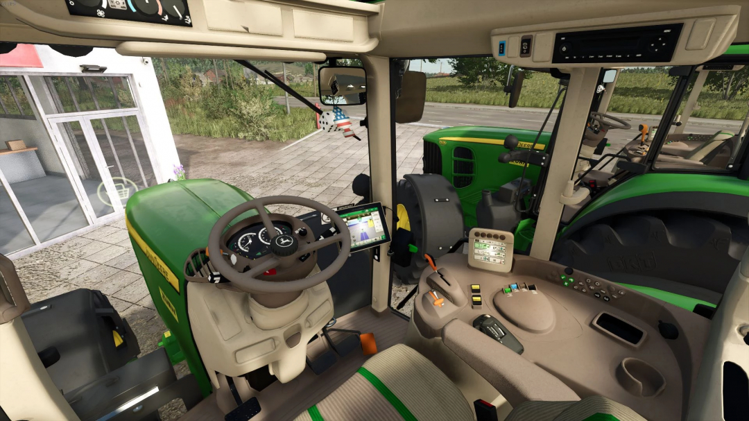 Interior view of John Deere 7030 tractor mod for Farming Simulator 25, showing dashboard and controls.