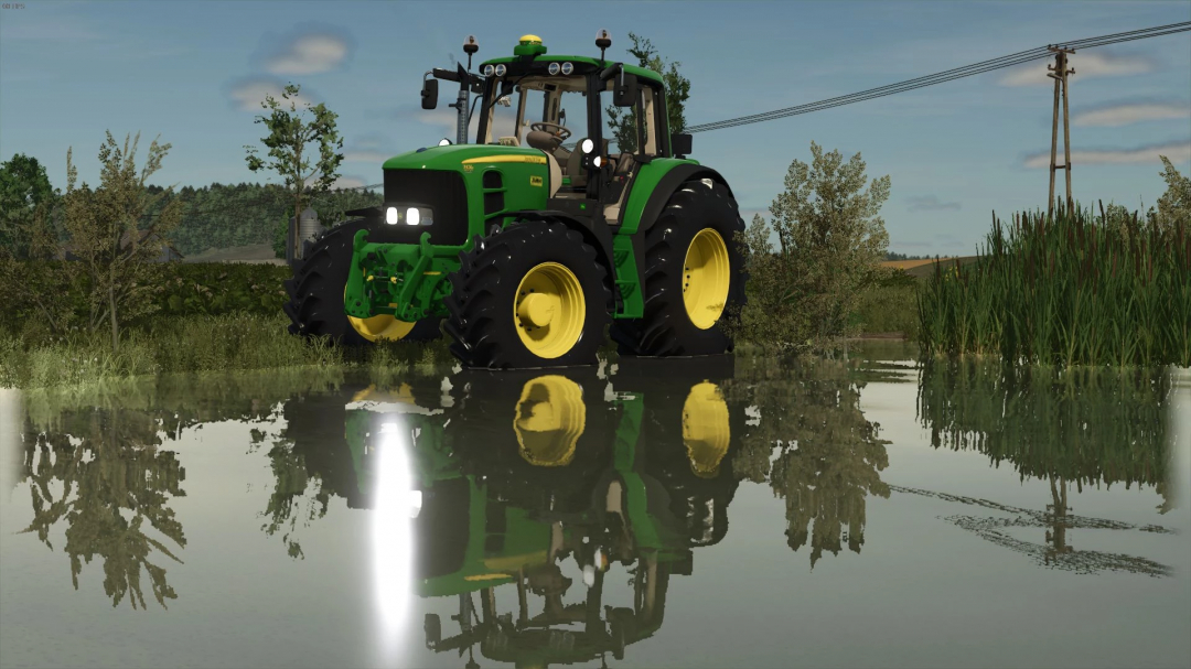 John Deere 7030 tractor in FS25 mod v1.0.0.0, reflected on a water surface in a serene rural landscape.