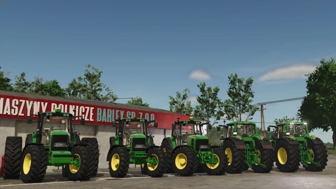 Line of John Deere 7030 tractors in FS25 mod against a blue sky, showcasing Farming Simulator 25 mods.