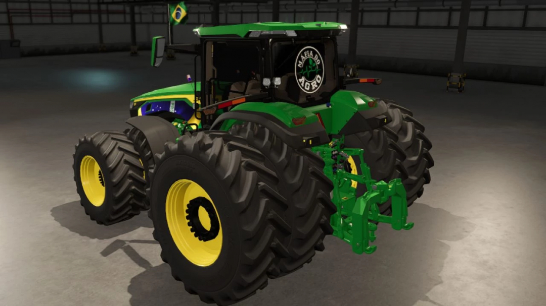 FS25 mod John Deere 8R BR v1.0.0.0 tractor with Brazilian flag in a garage.