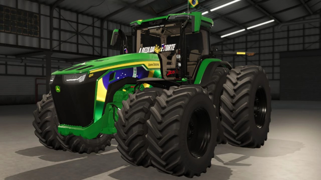 FS25 mods: John Deere 8R BR v1.0.0.0 tractor in a garage setting for Farming Simulator 25.