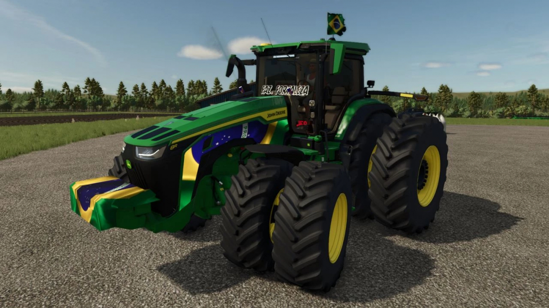 John Deere 8R BR mod in FS25 with Brazilian flag design, version 1.0.0.0.