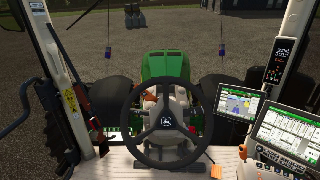 Interior view of John Deere 8R BR tractor mod in FS25, showcasing steering wheel and control displays.