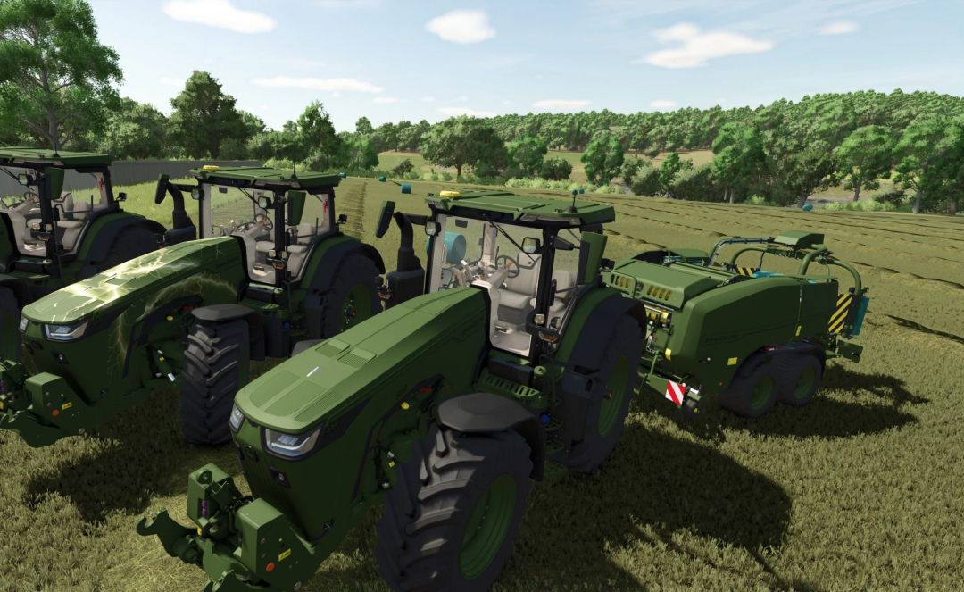 John Deere 8R tractors in Farming Simulator 25 mod v1.0.0.0, showcasing advanced agricultural machinery on a field.