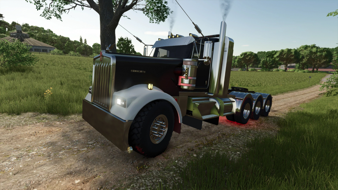 Kenworth W900L truck mod in Farming Simulator 25, displayed in a rural landscape.