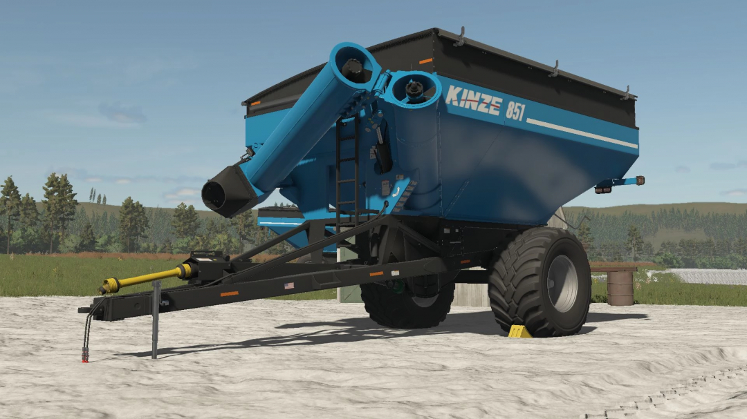 Kinze Wagon Pack mod in FS25, featuring a blue Kinze 851 grain cart on a farm setting.