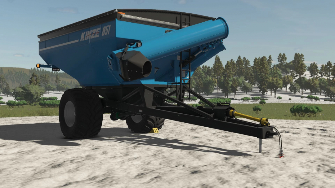 Kinze Wagon Pack v1.0.0.0 mod for FS25 features a blue Kinze 851 grain cart in a snowy landscape.