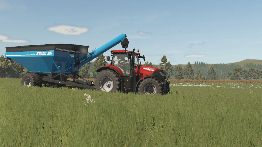 FS25 mod: Kinze Wagon Pack v1.0.0.0 featuring a red tractor with a blue grain cart in a field.